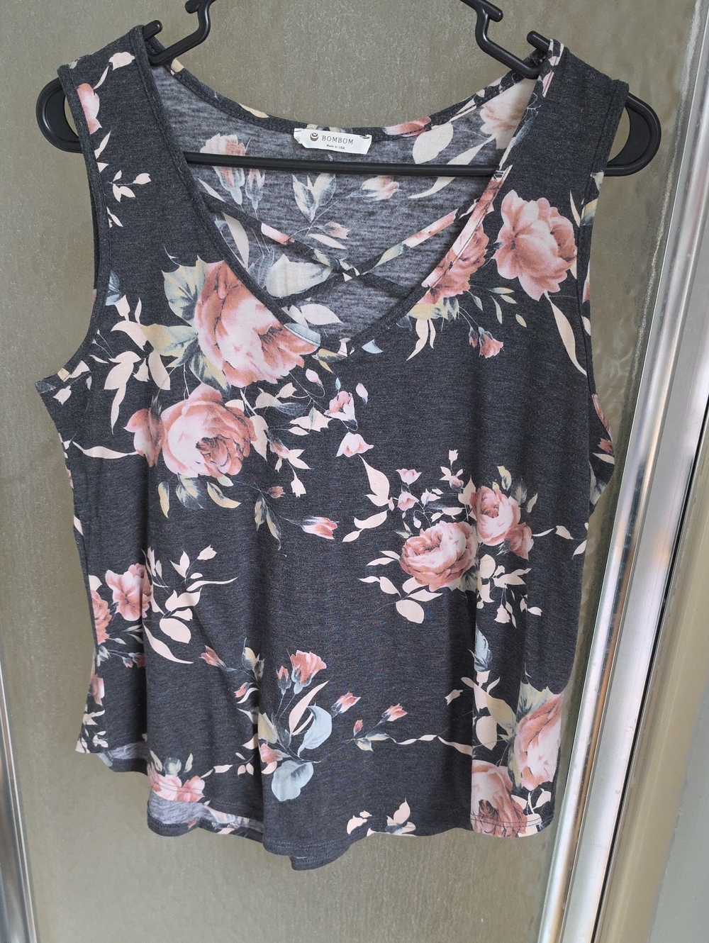 Floral Cross-Front Tank Top - Charcoal with Blush Pink Flowers